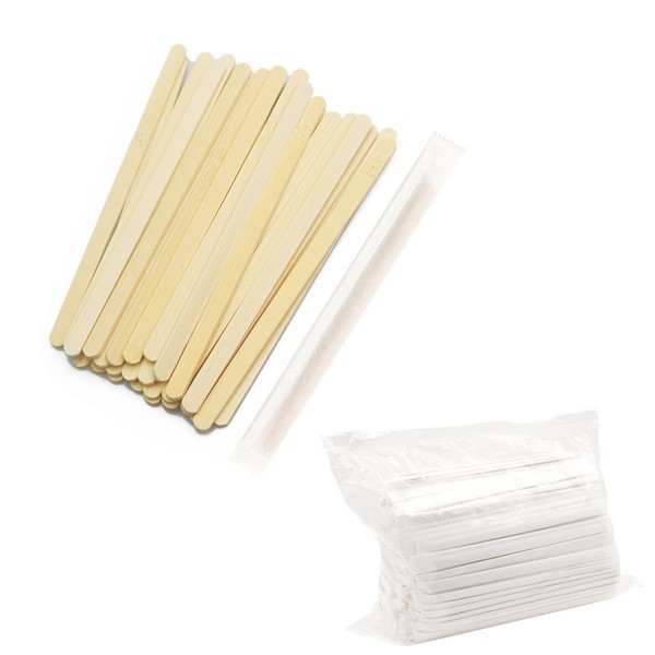 DFsucces Wooden Sticks, 100 Pieces, Individually Wrapped, Wooden Stirrer, Paper Wrapping, Disposable, Coffee Stirrer, Handmade, DIY Material, Commercial Use, 5.5 x 0.2 inches (14 x 0.6 cm), Set of 100