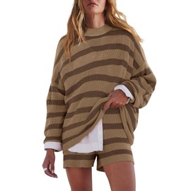 LAMISSCHE Womens Oversized Lounge Sets 2 Piece Outfits Striped Matching Pajama Set Long Sleeve Sweater Set(D&Lt Brown,M)