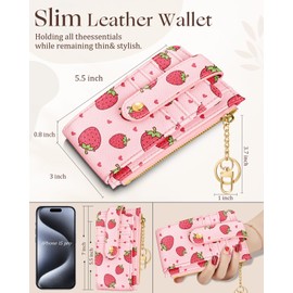 Miss Adola Cute Card Wallet Women - Small Wallets with Keychain Strawberry RFID Credit Cardholder Aesthetic Fashion Design Coin Purse for Female Ladies Teen Girls