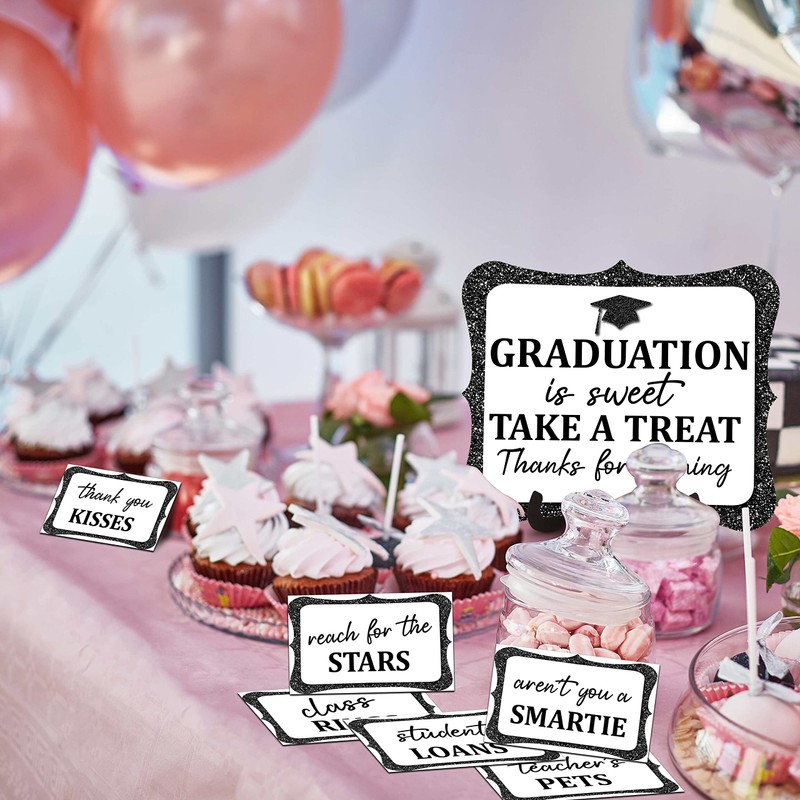 20PCS Candy Buffet Labels, 1 Black Glitter Graduation Table Sign
