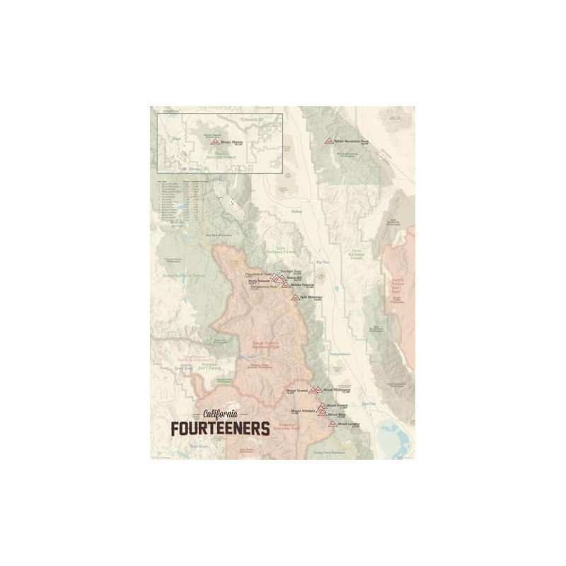 California 14ers Checklist Map 18x24 Poster (Tan)