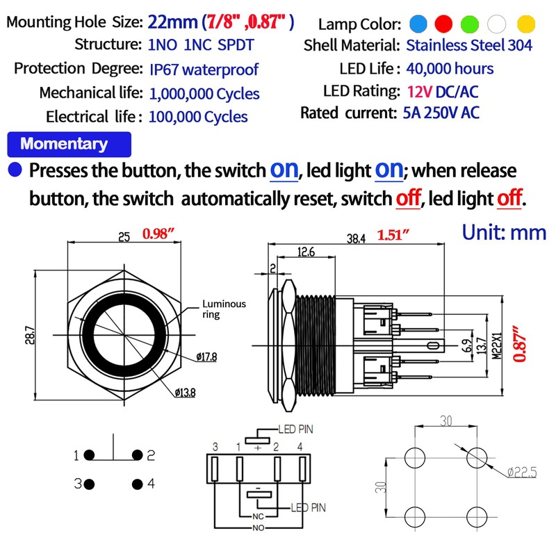 ZJWZJH Waterproof Push Button Switch 22mm Momentary 12V DC/AC SPDT