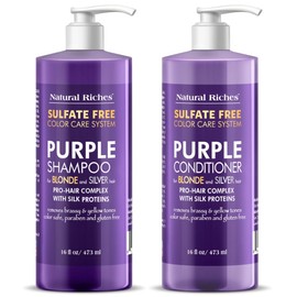 Natural Riches Purple Shampoo and Conditioner Set for Blonde, Silver & Grey Hair – Sulfate-Free, Color-Safe, Removes Brassy & Yellow Tones for Natural, Highlighted, and Bleached Hair – 16x2 fl oz