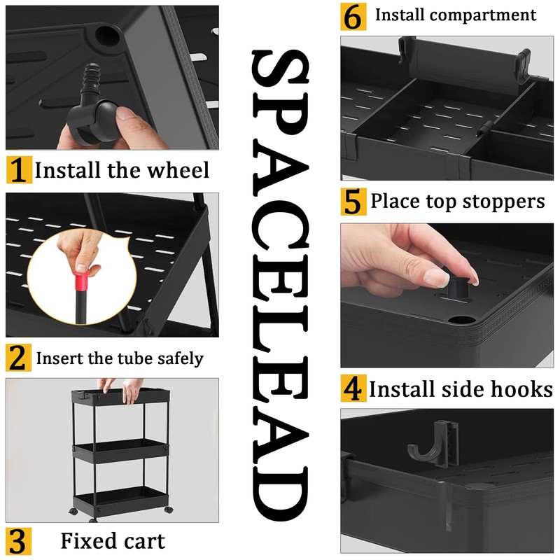 SPACELEAD Slim Storage Cart 3 Tier,Bathroom Organizer Rolling Utility,Mobile Shelving