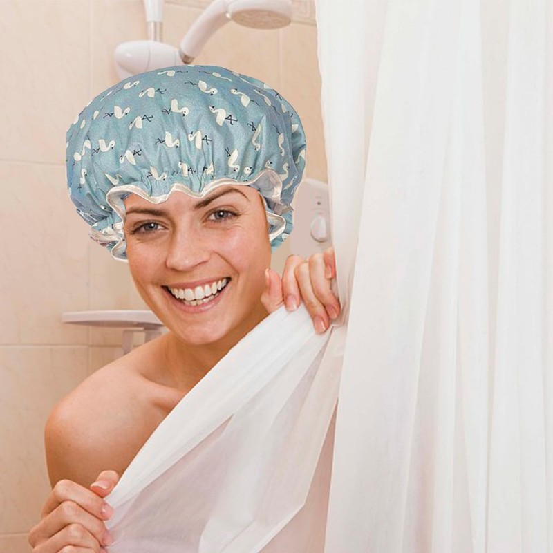 Pack of 2 Waterproof Shower Caps, Elastic Rubber Band, Double
