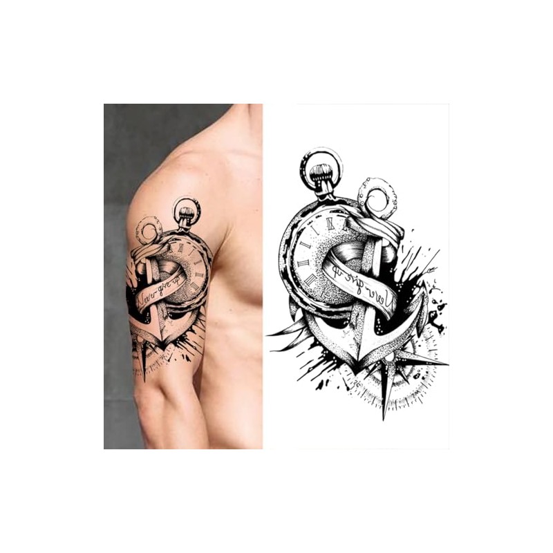 5 Pictures Anchor Tattoo Compass Clock Lettering Temporary Skin Tattoo