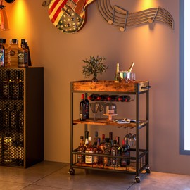 Azheruol Bar Cart Serving Wine 3 Tier Home Rolling Rack with Wheels Mobile Kitchen Industrial Vintage Style Wood Metal Serving Trolley Serving Cart,Glass Holder Bar Cabinet