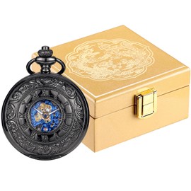 ManChDa Pocket Watch in Luxury Glossy Wooden Gift Box - Double Cover Pocket Watch Chain Skeleton Mechanical Antique Hand-Wind Steampunk Black Blue Roman Numerals Fob Watch for Men | Gold Box