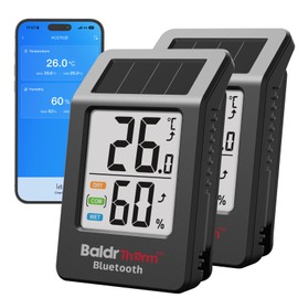 BaldrTherm Solar Bluetooth Thermometer Humidity Monitor with Remote App Control, Offline Storage, Trend Charts, Real-Time Alerts for Home Storage Room, Pet Cage, Indoor/Outdoor Use, Black, 2pack