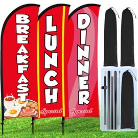 Buryeah 3 Sets Breakfast Lunch Dinner Feather Flags for BBQ Restaurant Advertising Breakfast Flag with Pole Ground Stake and Banner for Outside Ground(Red)
