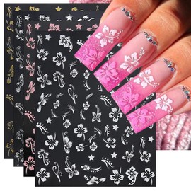 IDDFEVE Hibiscus Flower Nail Art Stickers - 4 Color Gold Sliver Self-Adhesive 3D Nail Decals for DIY Spring Summer Manicure (4 Sheets)