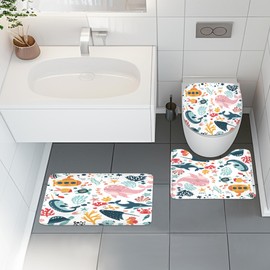 Mitpok 4 PCS Kids Shower Curtain Set 72Wx72H, Kid Bathroom Set, Ocean Fish Cute Whale Sea Animal Funny Bath Rug Toilet Lid Cover U Shape Mat Quick Dry Dirt Resistant Accessories Bathroom Decors