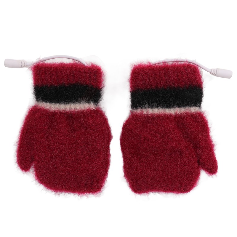 USB Heated Gloves Half Fingerless Flip Burgundy Double Sided Knit