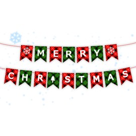 Merry Christmas Banner Red Green Buffalo Plaid Christmas Garland Snowflake and Letter Bunting Office Christmas Decorations for Home and Christmas Party Supplies