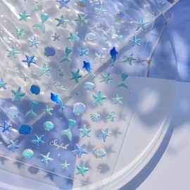 1 Sheets 5D Embossed Summer Nail Stickers for Nail Art Self-Adhesive Starfish Nail Art Stickers Shell Dolphin Mermaid Tail Nail Decals Ocean Theme Nail Design for Women DIY Nails Decoration