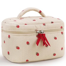 Prite Corduroy Makeup Bag Travel Cosmetic Pouch for Women, Strawberry