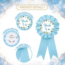 Eucalyptus Uncle To Be Tinplate Badge Pin, Uncle To Be Button Pin, Greenery Gender Reveal Brooch Button for Men, Blue Rosette Best Uncle Ever Award Ribbon, Neutral Baby Shower Party Decoration