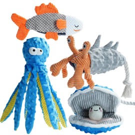 Nocciola Paquete de 4 Juguetes Chirriantes para Perros para Mastique Agresivo, Pulpo, Pez y Animales Marinos, Juguete de Tirar de Cuerda de Peluche Duraderos para Perros Pequeños, Medianos y Grandes
