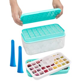 Ice Tray Ice Cube Tray with Lid, Mold and Bin - 64 Ice Cube Molds & Trays, Ice trays for freezer with bin, ice tray with storage bin, ice maker tray