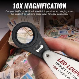 10x Magnification Gem Loupe with UV & LED Lights 22mm Triplet Lens Portable Jewelry Magnifier Eye Inspection Loupe for Gemstones Optica (10x Magnification)
