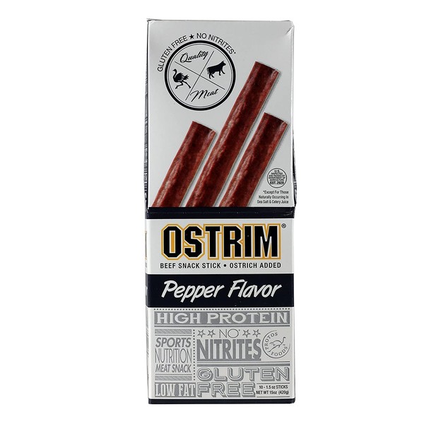 Ostrim High Protein Snack, Beef & Ostrich, Pepper Stick, 1.5-Ounce Sticks (Pack of 20)
