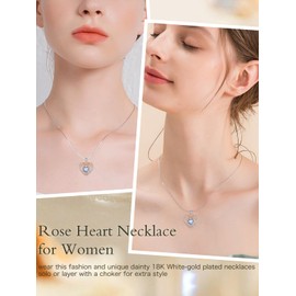 HVQP Forever Love Heart Birthstone Necklaces for Women, 925 Sterling Silver Rose Flower Pendant Necklace Anniversary Jewelry Christmas Valentines Day Birthday Gifts for Women Her Wife Girlfriend Mom,