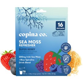 Copina Co. Irish Sea Moss Powder Drink - Super Berry with Organic Blue Spirulina - 200mg Organic Sea Moss for Gut & Skin Health, Immunity - Natural Electrolytes I 16 Stick Packs
