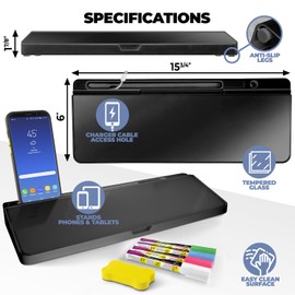 Desktop Dry Erase Board - Glass Dry Erase Board - Black Desk Computer Buddy – Home Office & Studying Essentials - Phone & Tablet Slot, Storage Compartment - Includes 4 Markers, 1 Eraser.