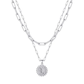 Silver Layered Necklaces for Women, Silver Paperclip Chain Necklaces Initial Coin Pendant Necklaces Layered Letter A-Z Initial Necklaces for Women Girls Jewelry Gifts, Brass, Cubic Zirconia