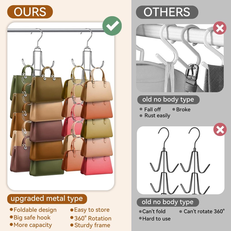 CharmBurst Handbag Organiser for Cupboard, Improved Handbag Hanger with 10