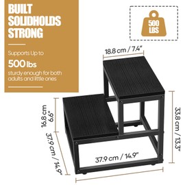 Wood and Metal 2 Step Stool for Adults & Kids – Heavy Duty Rustic Step Stools, 500 Lbs Capacity Non-Slip Stepping Stool for High Beds, Kitchen, Bathroom, Closet, Durable Foot Stool for Home Use,Black