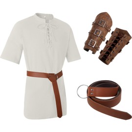 Jeyiour 3 Pcs Renaissance Costume Men Medieval Viking Tunic Knight Costume Faux Leather Arm Guards and Shirts(Medium,Beige)