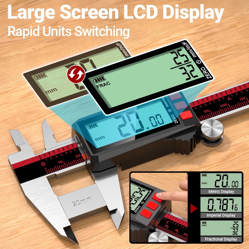 YUWEIC Digital Caliper 8 Inch, Rechargeable Calipers with LCD Screen,