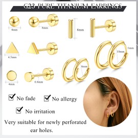 PATISORNA 6 Pairs G23 Titanium Earrings Stud Hoop Earrings Set Hypoallergenic Flat Back Earrings Small Stud Earrings Tragus Helix Cartilage Earrings Piercing Sleeper Huggie Earrings for Women Men