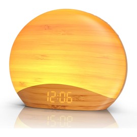 REACHER Natural Wood Grain Sound Machine Sunrise Alarm Clock，26 Nature Inspired Sleeping Sounds, 0-100% Dimmable Clock, Night Light, for Babys, Kids, Adults