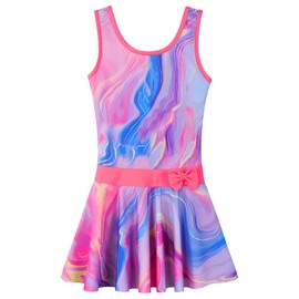 Traje de baño de una pieza UPF 50+ con falda floral modesto vestido de natación de playa de 3 a 11 años, Lazo de mármol rosado, 5-6 Años