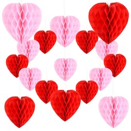 CENBEN 17 Pcs Red and Pink Heart Shaped Tissue Paper Honeycomb Balls, Paper Honeycomb Decorations for Valentine's Day Decorations Anniversary Wedding Engagement Proposal Party