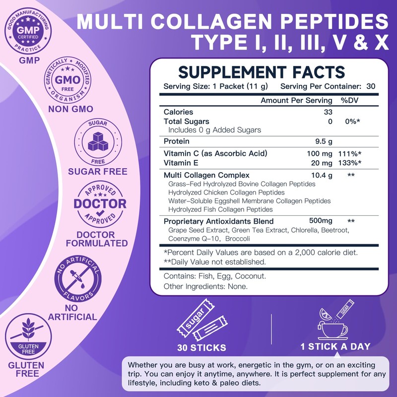 DRFOSTER Collagen-Peptides-Powder-Packets - Multi Type I II III V X