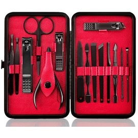 Manicure Set Nail Set Nail Clipper Kit Professional - Stainless Steel Pedicure Set Nail Grooming Kit of 15pcs with Case for Travel (Black/Red)