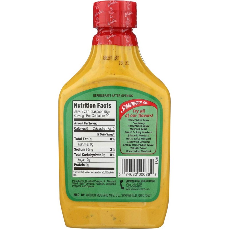 Woeber's Sandwich Pal Jalapeno Mustard, 16-Ounce (PACK OF 3) by