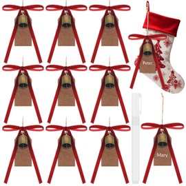 Hungdao 10 Pcs Christmas Stocking Name Tags with Pen Wood Hanging Tag with Red Twist Tie Bow and Bell Farmhouse Name Tag for Christmas Stocking Home Xmas Hanging Decor