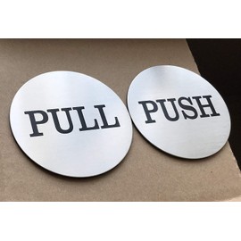 Be The Bestest 2" Inch Round Push Pull Door Signs (Brushed Silver) 304 Grade Stainless Steel (Pack of 2)