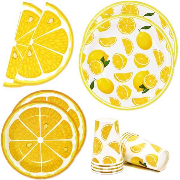 Yellow Lemon Citrus Fruit Party Supplies Tableware Set Includes 24 9" Paper Plates 24 7" Plate 24 9 Oz Cups 50 Lunch Napkins for Lemons Lemonade Summer Tropical Themed Disposable Birthday Dinnerware