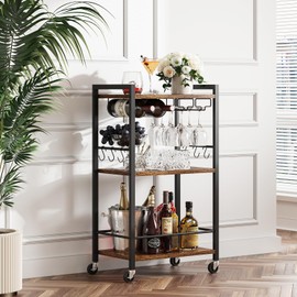TUTOTAK Bar Cart, Home Bar Serving Cart, Small Wine Cart with 3-Tier Shelf, Beverage cart, Drink Cart with Wine Rack, Glass Holder, Rolling bar carts for The Home, Living Room, Brown BC01BB035