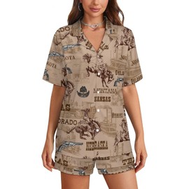 MEIKKO Wild West Rodeo Cowboys Womens Pajamas Shorts Set Two-piece Pj Sets Short Sleeve, Style-7, XL