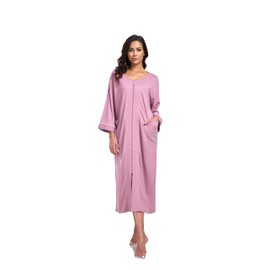 EA'S SECRET Women 100% Cotton Robes Lightweight Zipper Front 3/4 Sleeve Full Length Housecoat with Pockets Loungewear, Dusty Rose, X-Large