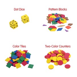 EAI Education School to Home Deluxe Manipulative Kit with Dice, Counters, Geometric Solids, Pattern Blocks, Color Tiles and Linking Cubes - Grade K (184 Pieces)