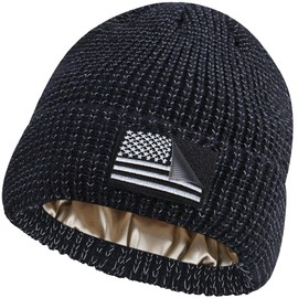 Ababalaya American Flag Knit Watch Cap, Satin Lined USA Multi-Season Army Military Tactical Beanie, Winter Warm Reflective Beanie, USA Flag