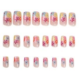 Colorful Flower Press on Nails Short Square Fake Nails Nude Pink False with Daisy Floral Designs Summer Stick on Nails Glossy Acrylic Glue on Nails Reusable Artificial Nails for Women Manicure 24Pcs