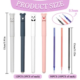 GGTTNRT 12 Pcs Erasable Pens Rub Out Pens with 30pcs Refills 0.5Mm Cute Cartoon Animal Rollerball Pens for Student Adults Stationery Office Supplies (Black, Blue, Red)